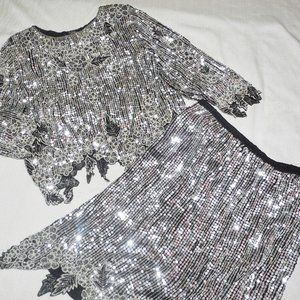 100% Pure Silk Beaded Sequin Blouse & Skirt Sz. L